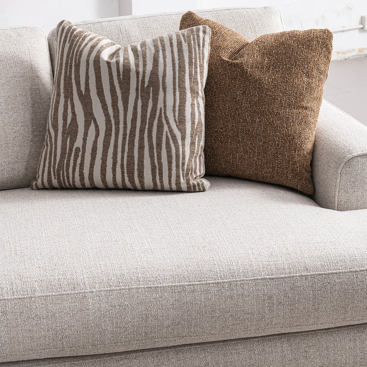 Modern mixed weave fabric chaise 2 seater sofa lucent in close up details.