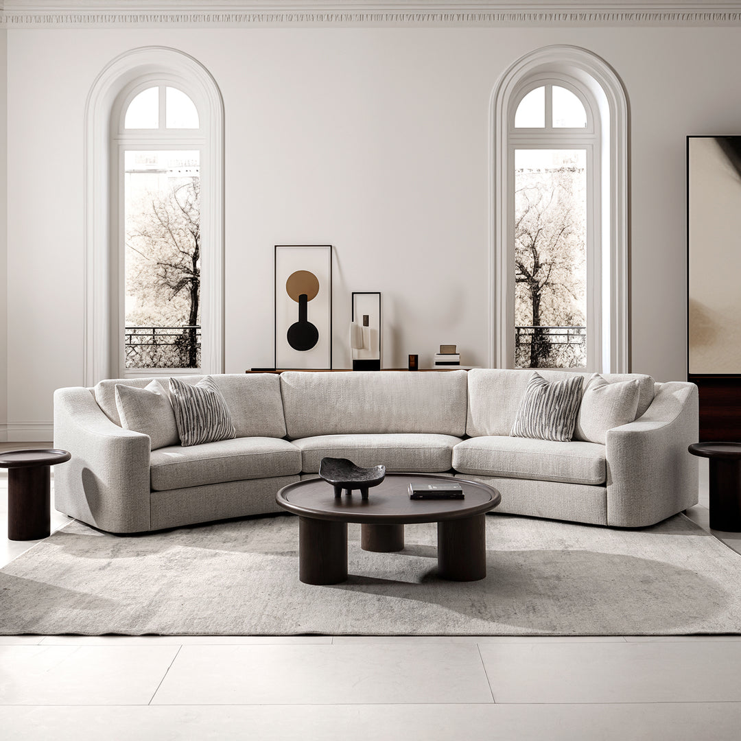 Modern mixed weave fabric modular joint connection 1 seater sofa terra in close up details.