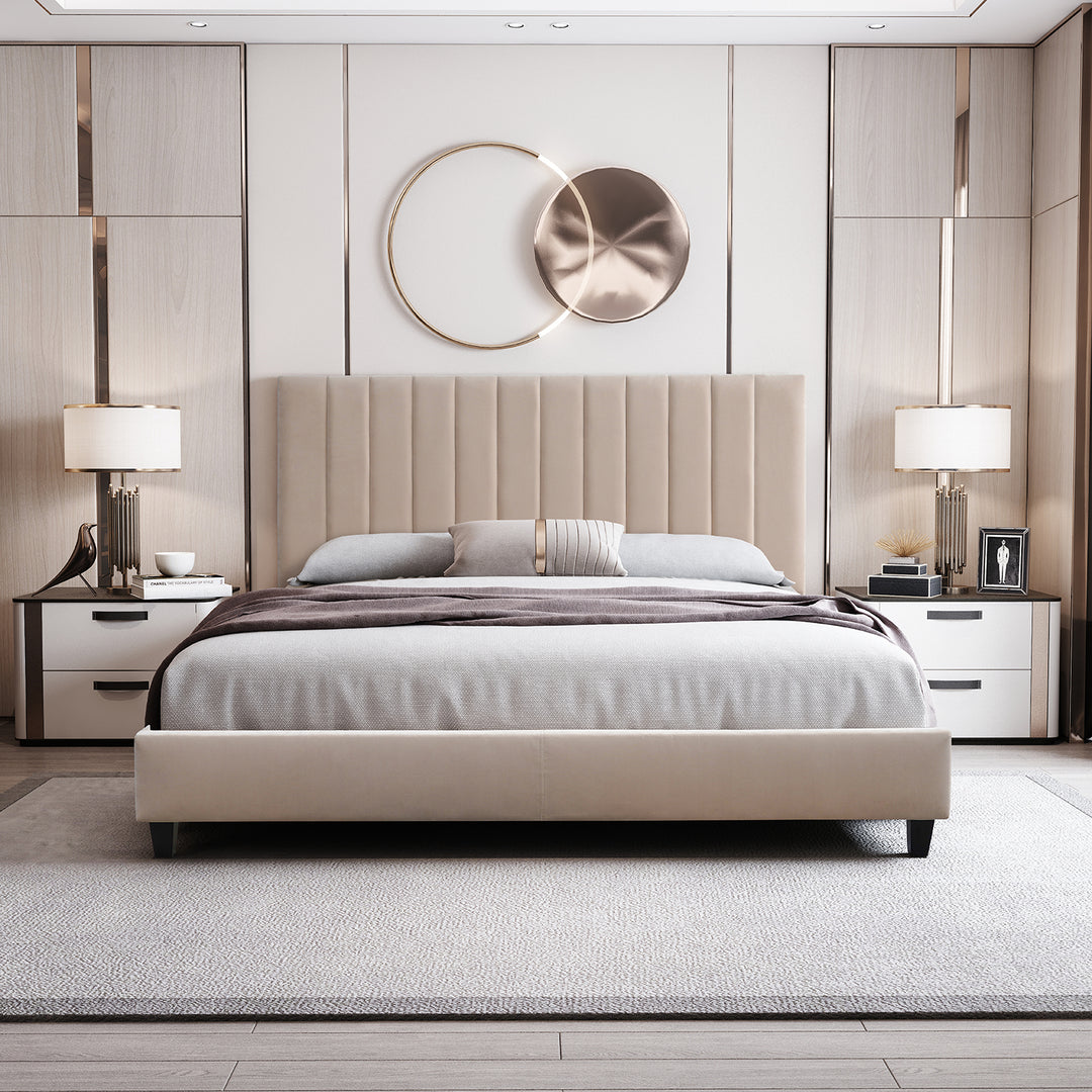 Modern velvet fabric bed frame reno in real life style.