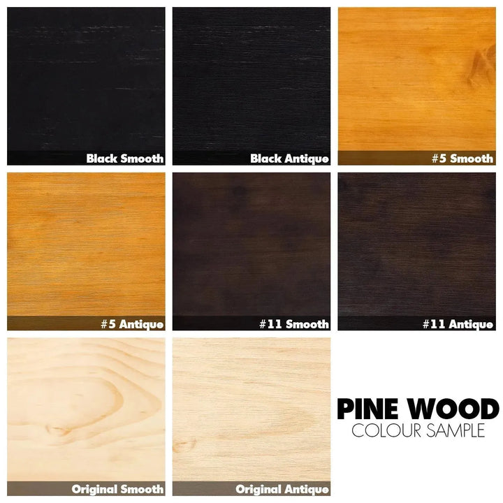 Rustic pine wood dining bench noer color swatches.