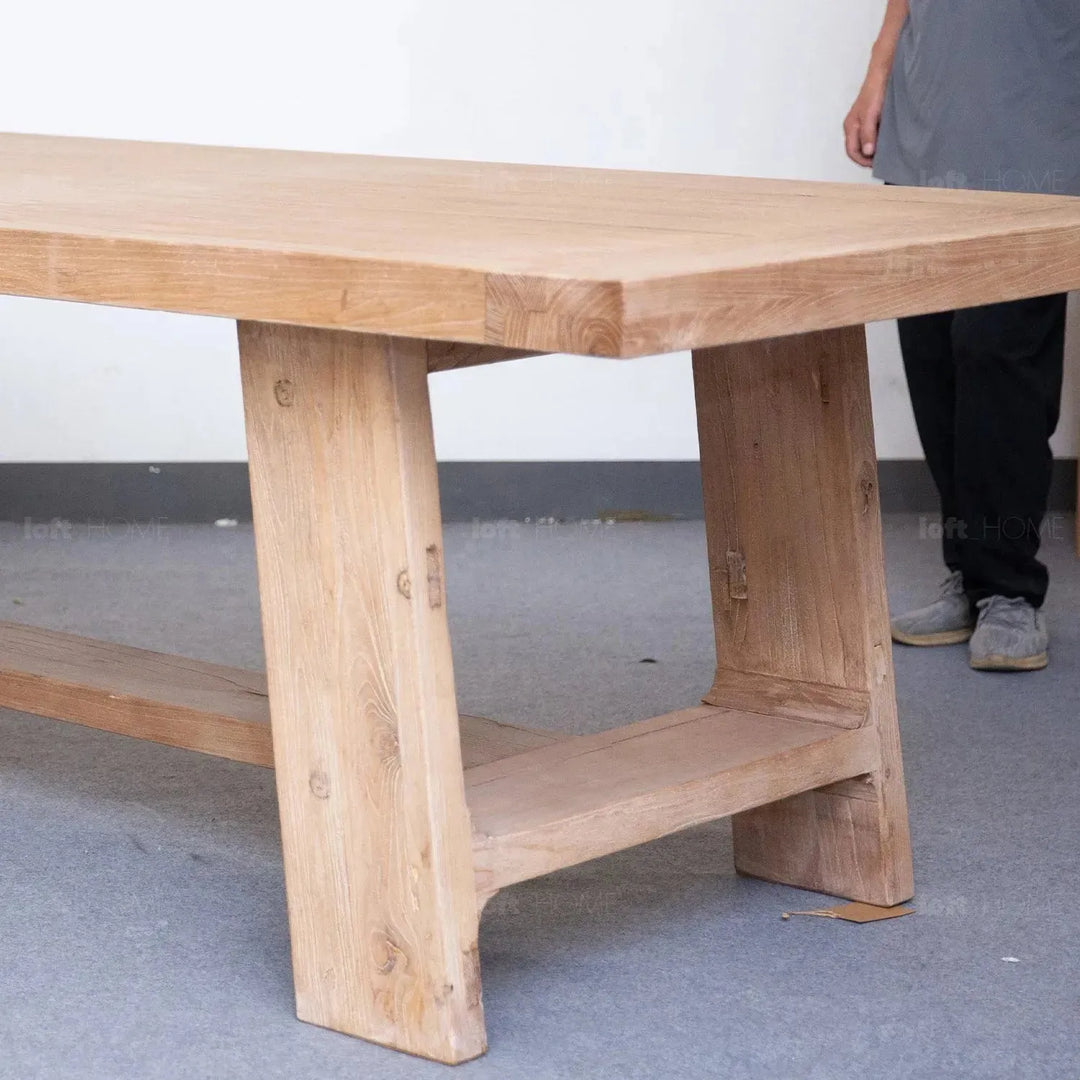 Rustic elm wood dining table forge in real life style.