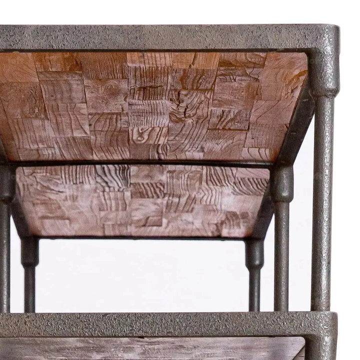 Rustic elm wood display shelf robust environmental situation.