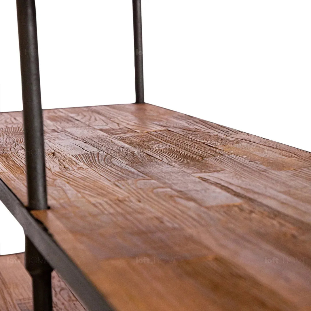 Rustic elm wood display shelf robust in details.