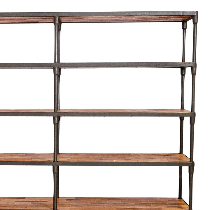 Rustic elm wood display shelf robust in close up details.