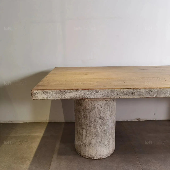 Rustic pine wood dining table barn in details.