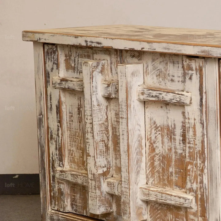 Rustic pine wood storage cabinet pine phantom in panoramic view.