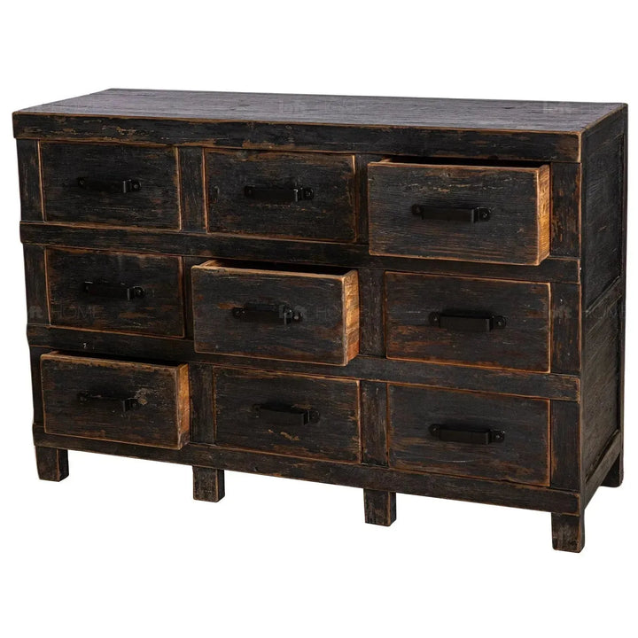 Rustic pine wood drawer cabinet relics with context.