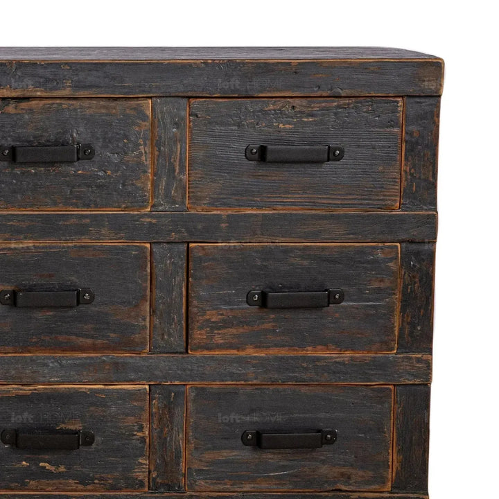 Rustic pine wood drawer cabinet relics in close up details.