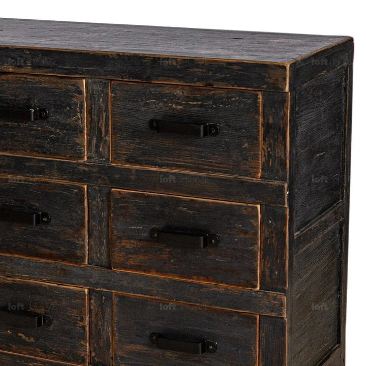 Rustic pine wood drawer cabinet relics in panoramic view.
