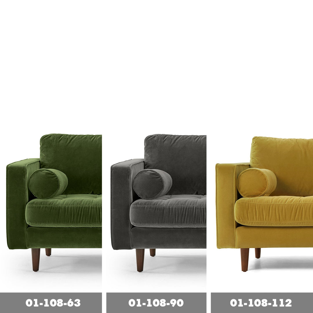 Modern velvet 2 seater sofa scott color swatches.