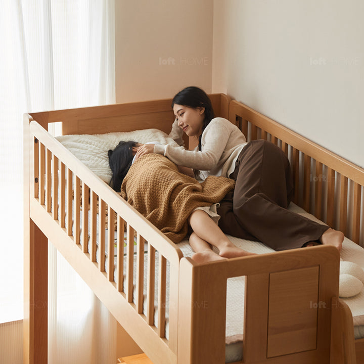 Scandinavian beech wood kids bunk bed with staircase lofty with context.