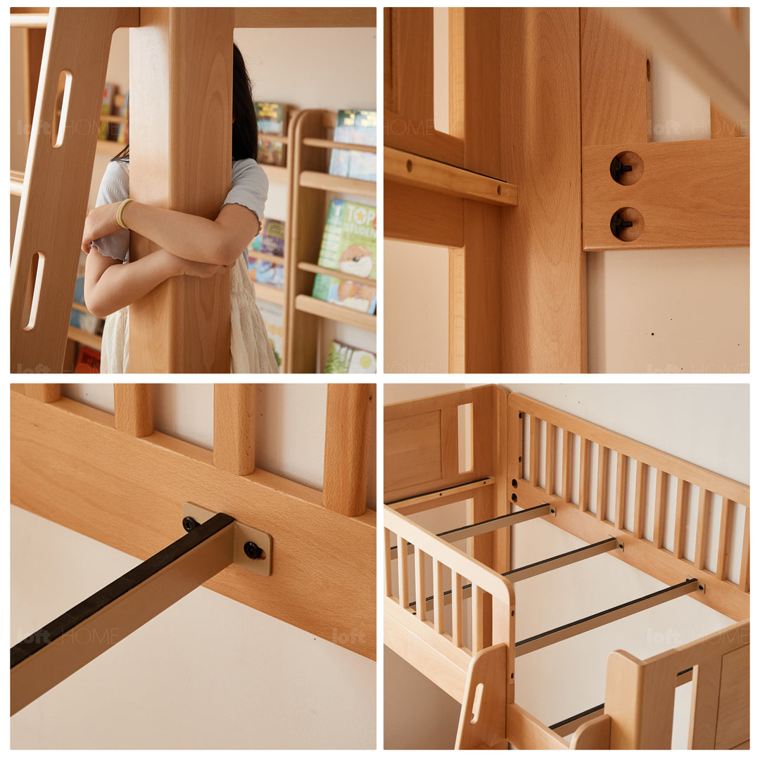 Scandinavian beech wood kids bunk bed with staircase lofty in close up details.