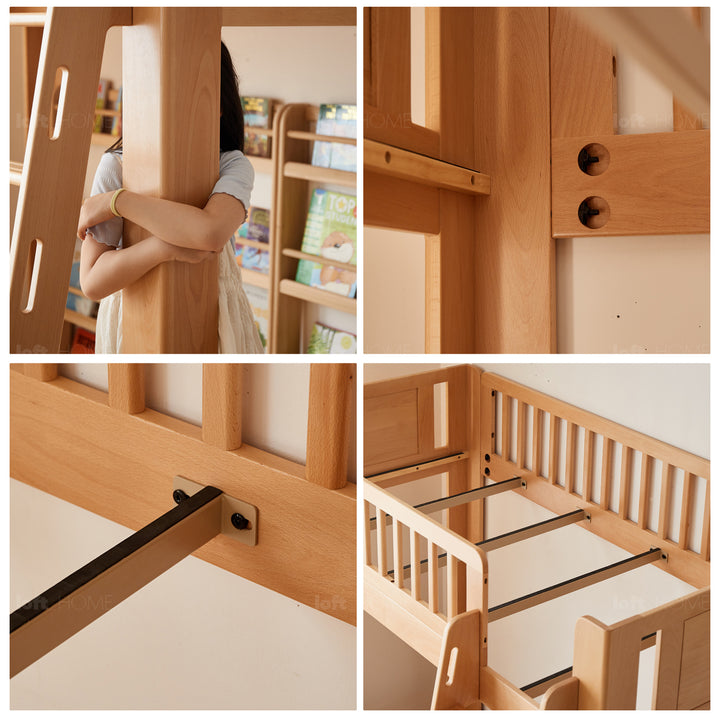 Scandinavian beech wood kids bunk bed with staircase lofty in close up details.