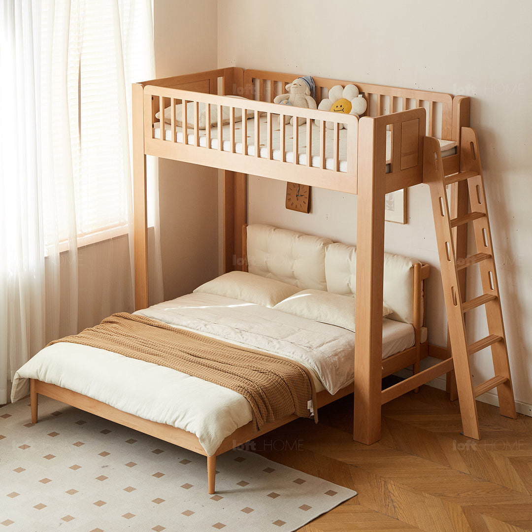 Scandinavian beech wood kids bunk bed with staircase lofty in real life style.
