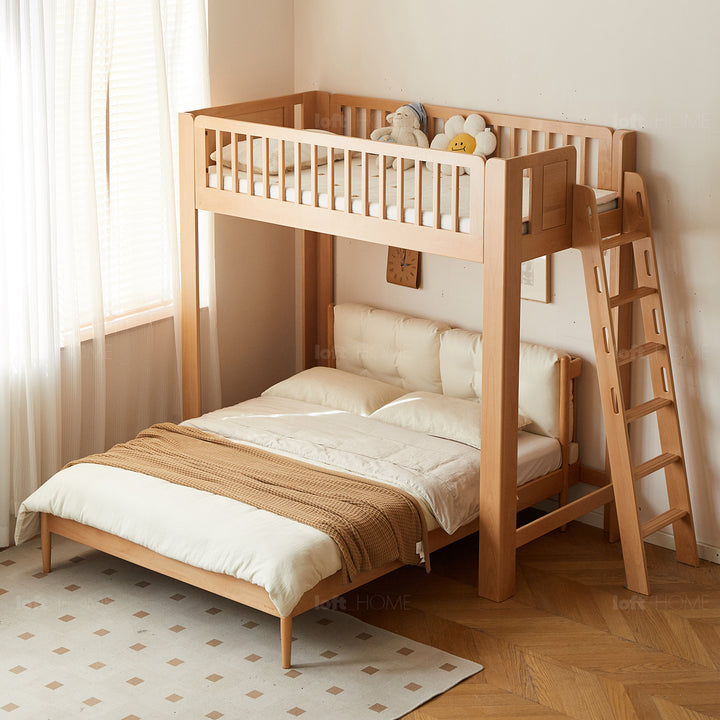 Scandinavian beech wood kids bunk bed with staircase lofty in real life style.