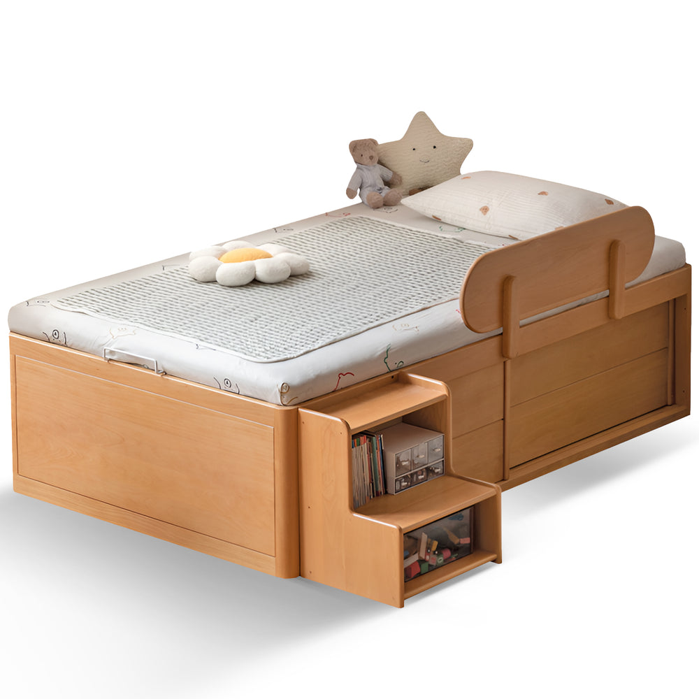 Scandinavian beech wood kids storage bed tidy in white background.