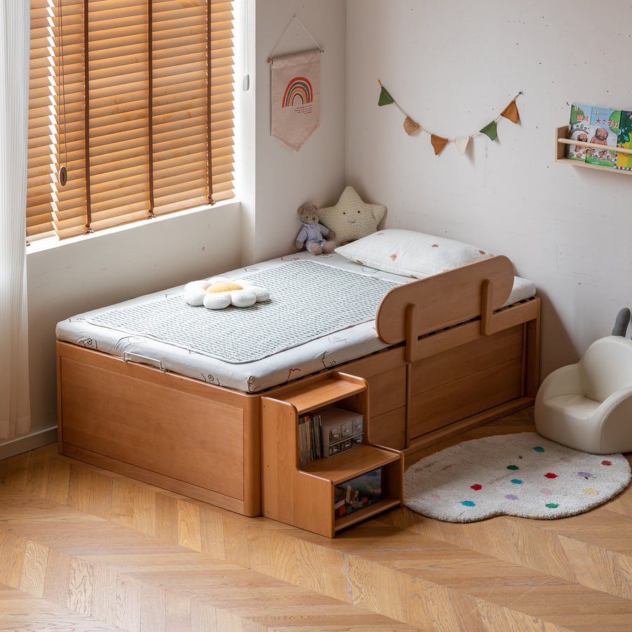 Scandinavian beech wood kids storage bed tidy primary product view.