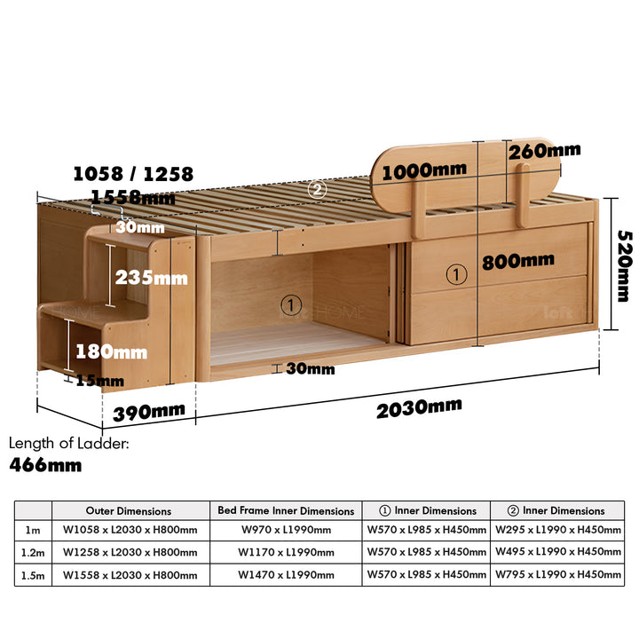 Scandinavian beech wood kids storage bed tidy size charts.