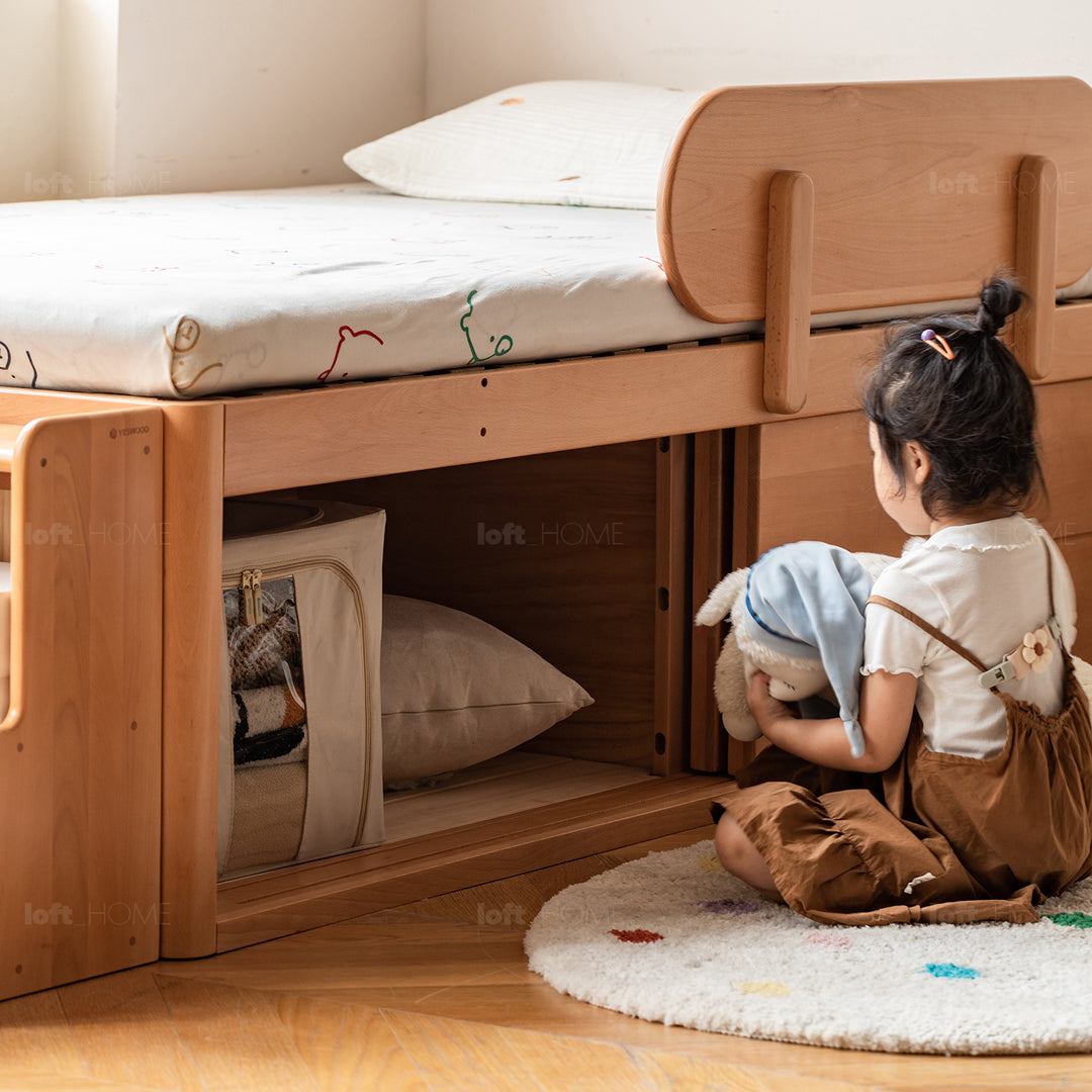 Scandinavian beech wood kids storage bed tidy in real life style.