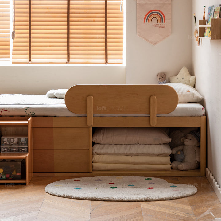 Scandinavian beech wood kids storage bed tidy with context.