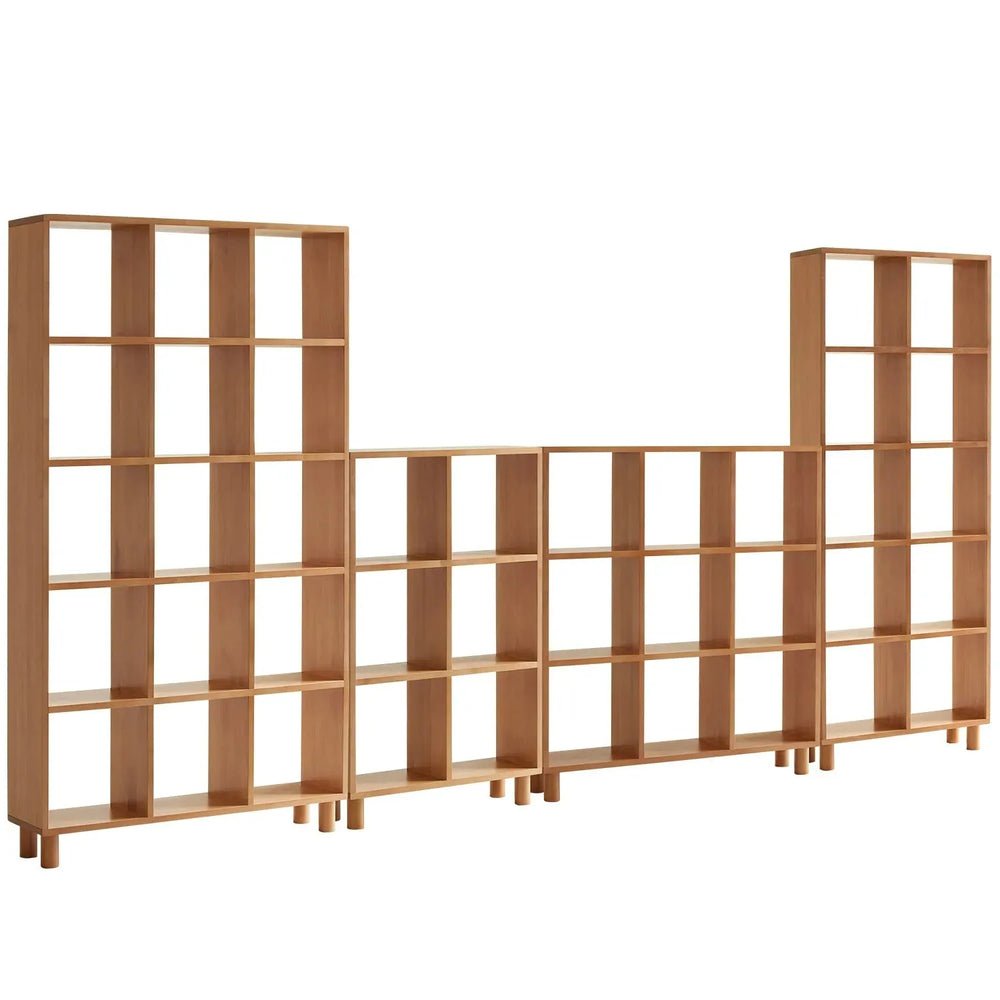 Scandinavian beech wood bookshelf mural in white background.