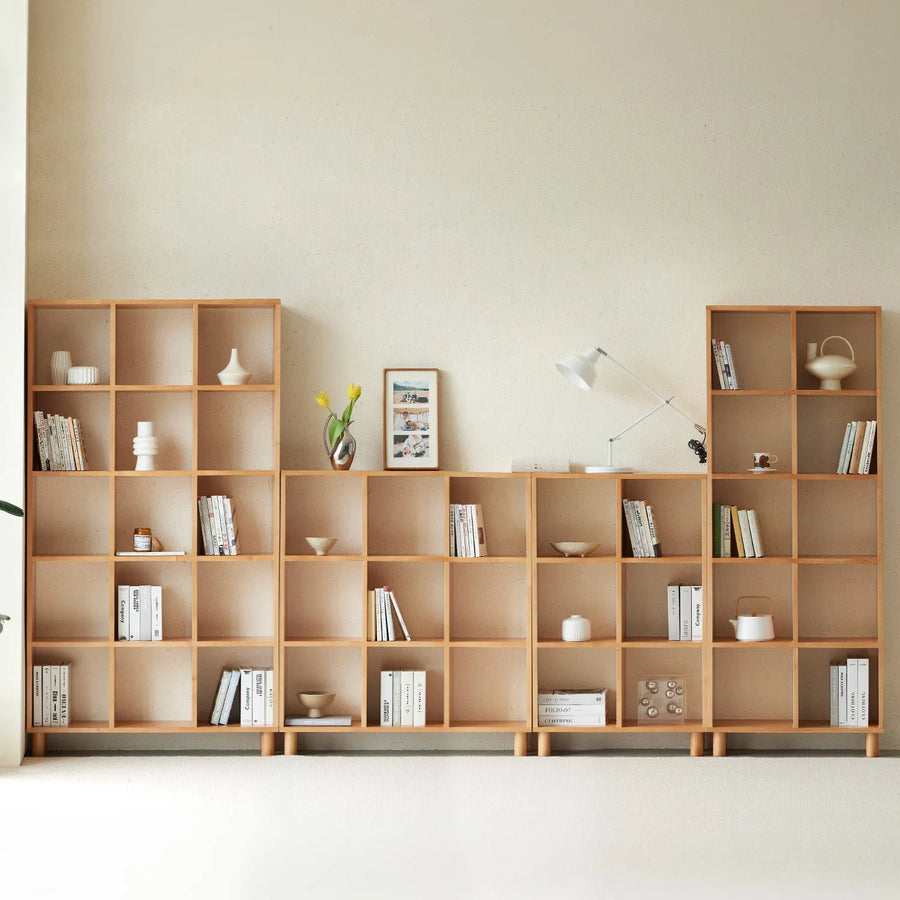 Scandinavian beech wood bookshelf mural primary product view.