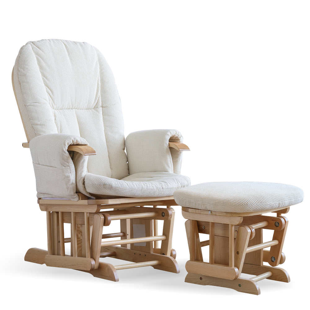 Scandinavian birch wood mixed weave fabric rocking chair with ottoman glide in white background.
