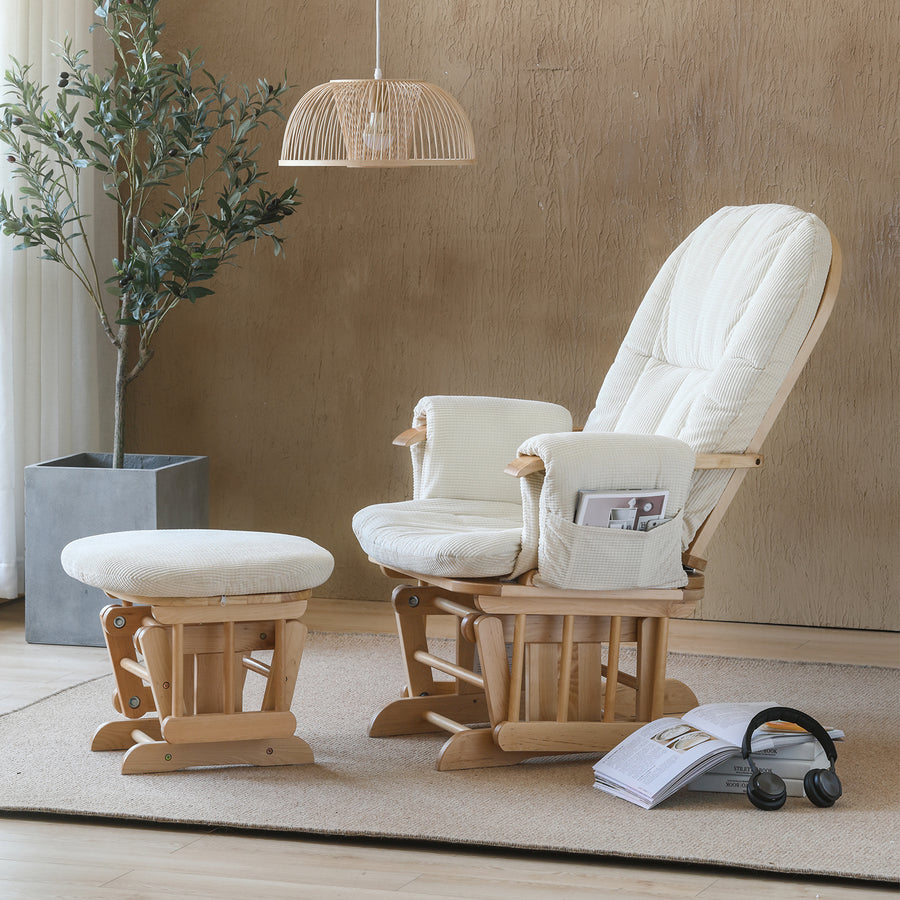 Scandinavian birch wood mixed weave fabric rocking chair with ottoman glide primary product view.