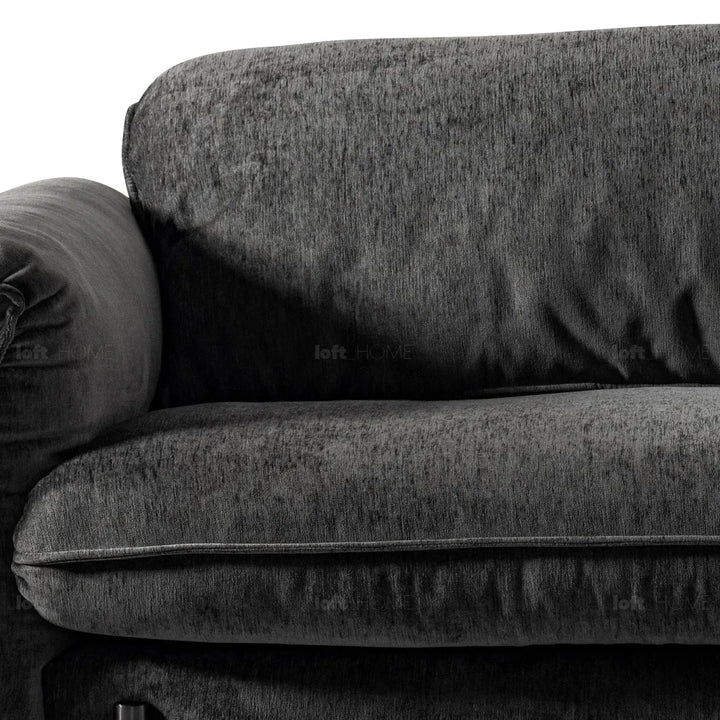 Modern chenille velvet fabric 3 seater sofa dushein in close up details.
