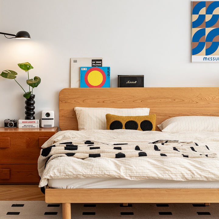 Scandinavian cherry wood bed isle color swatches.