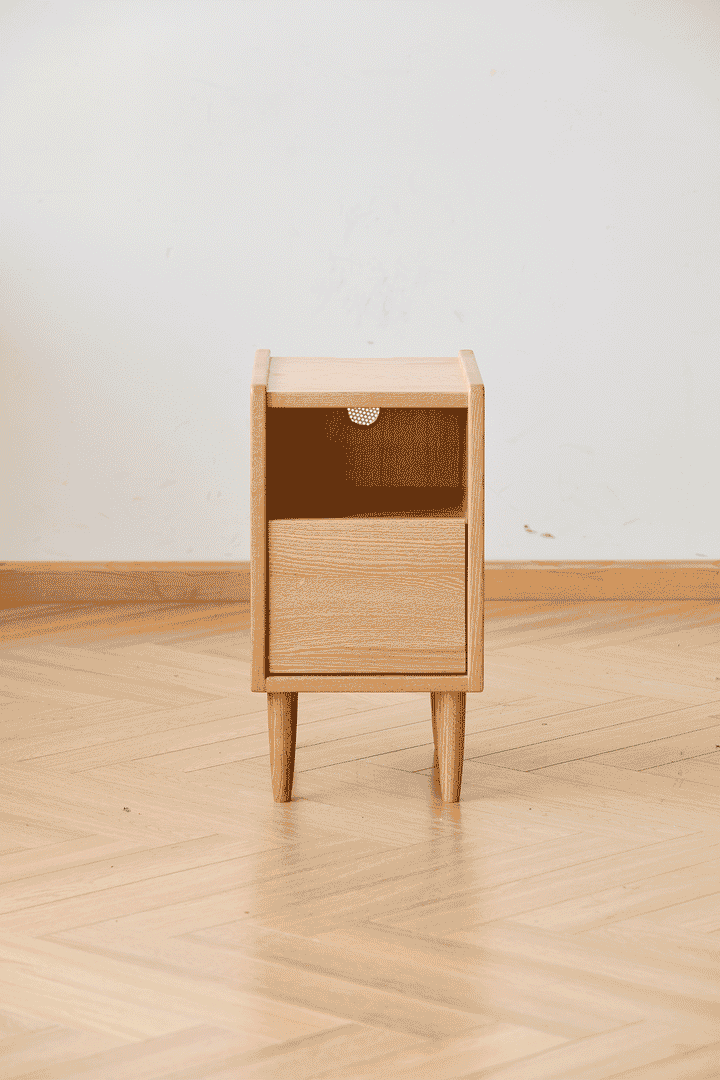Scandinavian oak wood side table cubo in real life style.