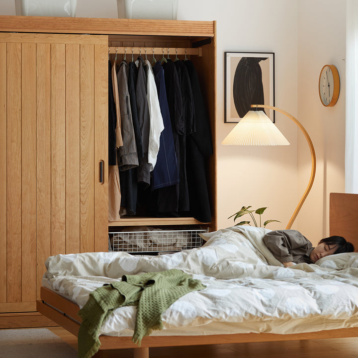 Scandinavian cherry wood sliding door wardrobe nava in details.