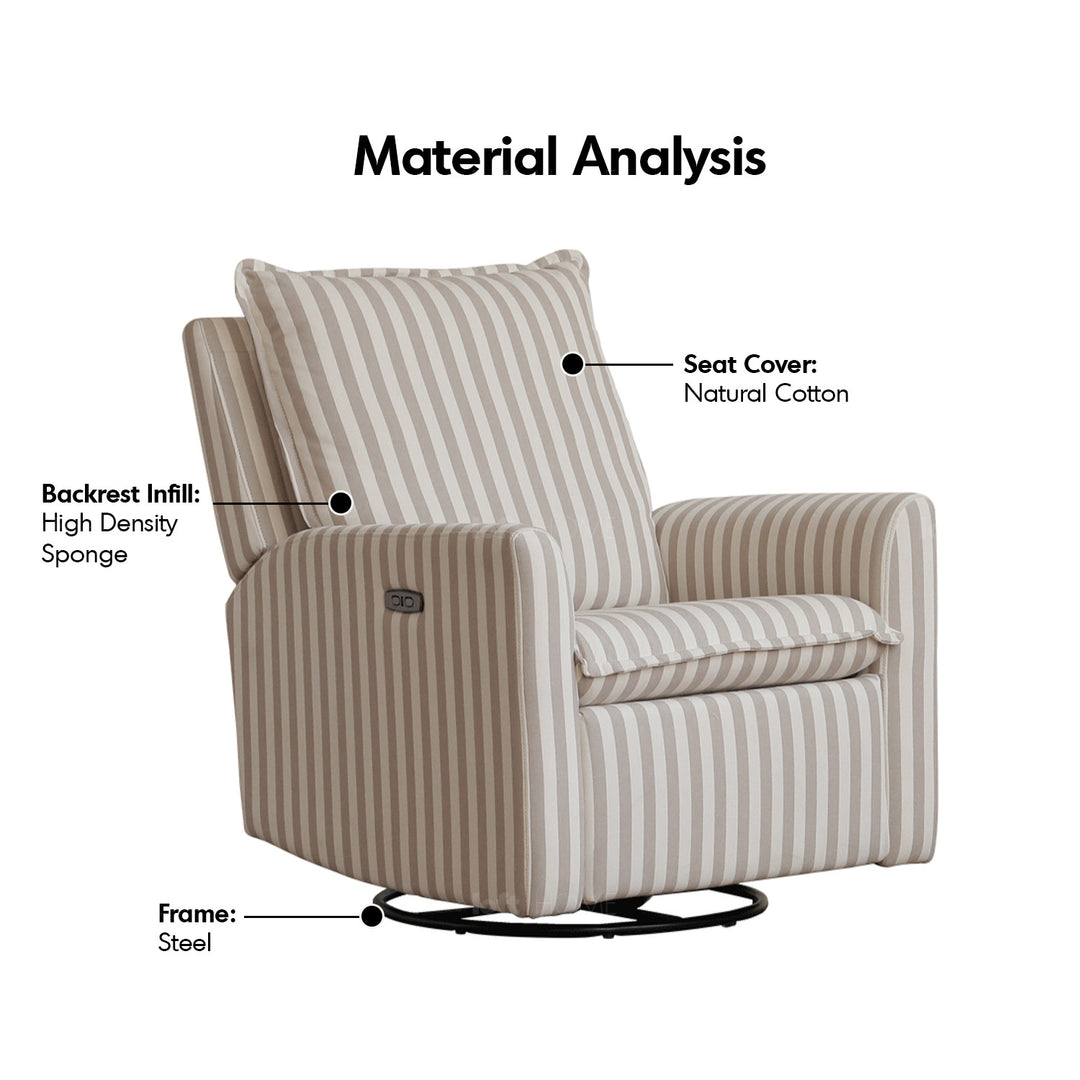 Scandinavian cotton fabric electric recliner revolving 1 seater sofa seabreeze in panoramic view.