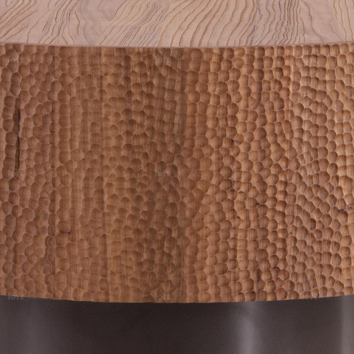 Scandinavian elm wood coffee table savvy in close up details.