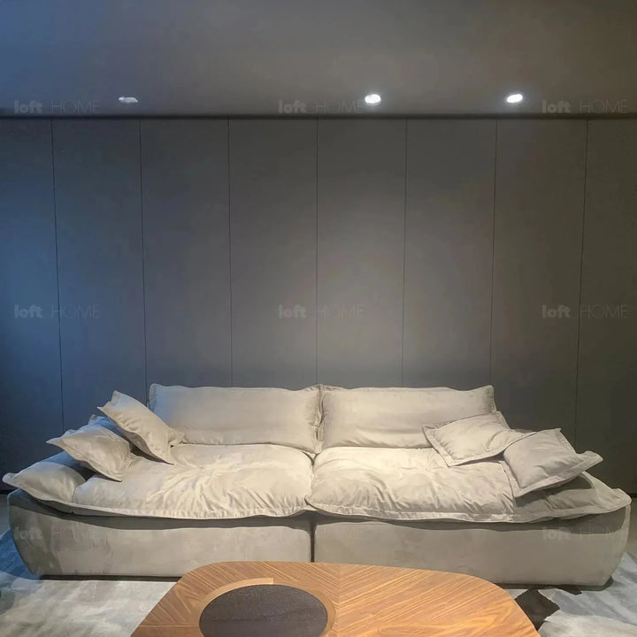 Contemporary fabric 5 seater sofa snuggle in panoramic view.