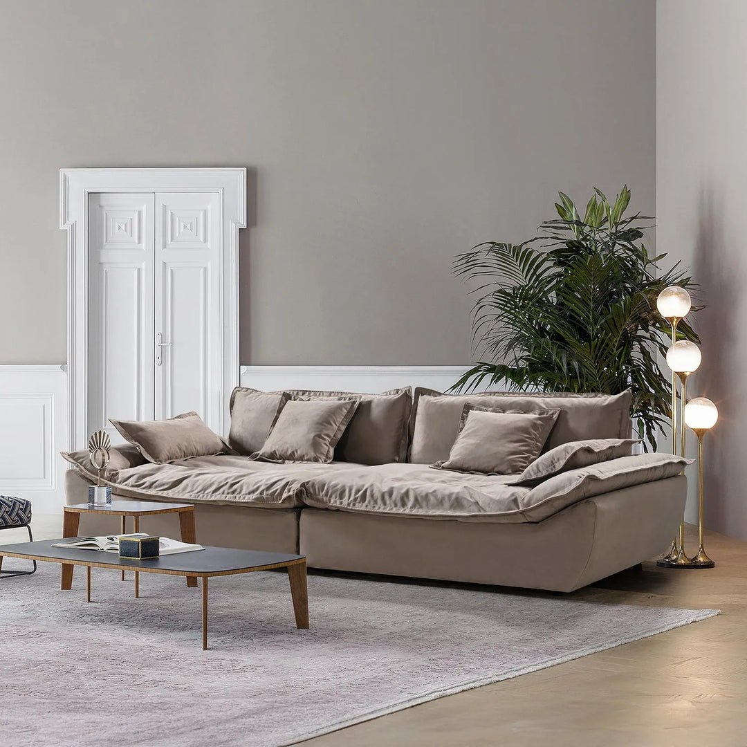Contemporary fabric 5 seater sofa snuggle primary product view.