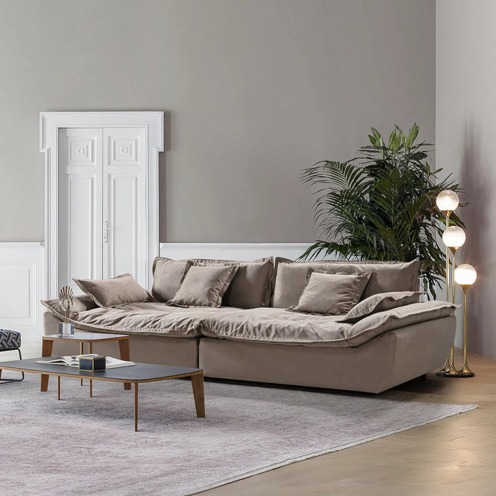 Contemporary fabric 5 seater sofa snuggle primary product view.