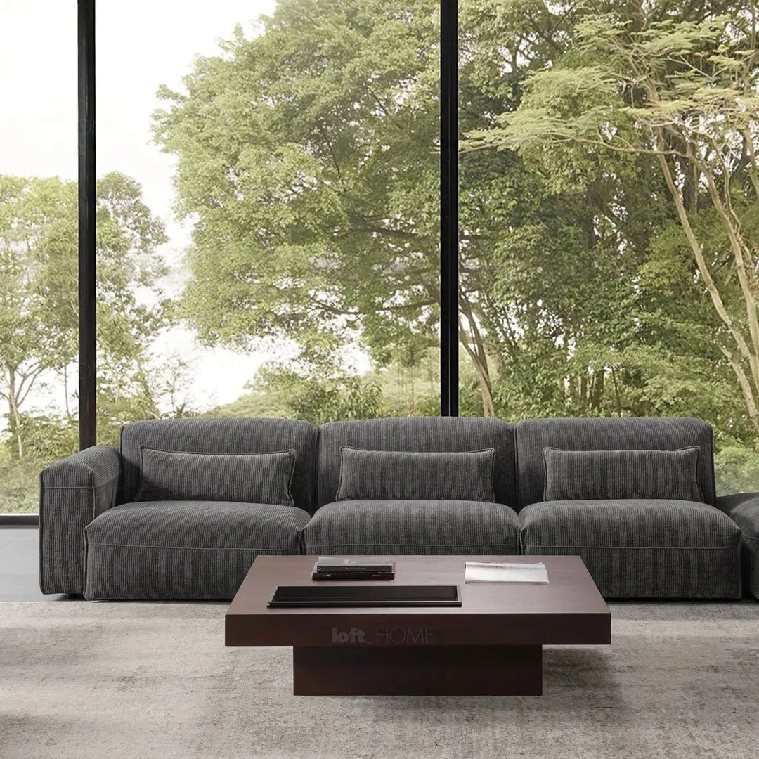Modern corduroy velvet fabric modular 6 seater sofa opera in still life.