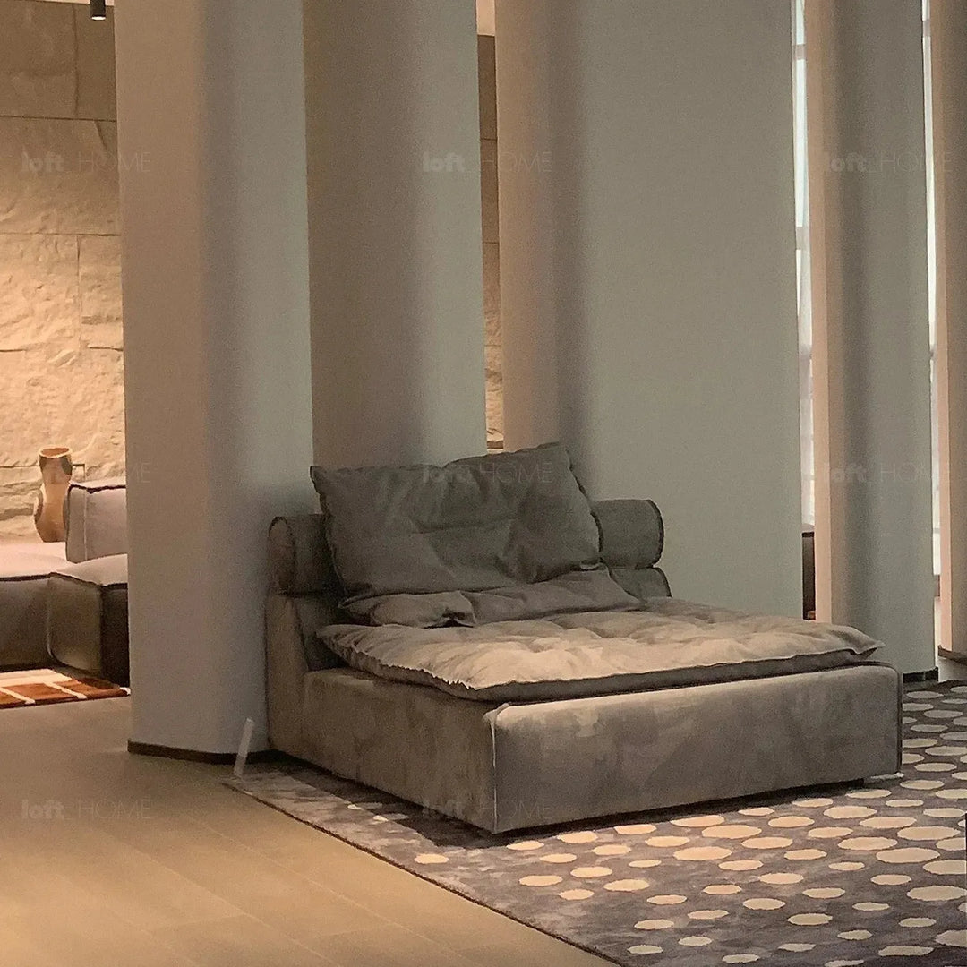 Modern fabric modular chaise sofa woolen in close up details.