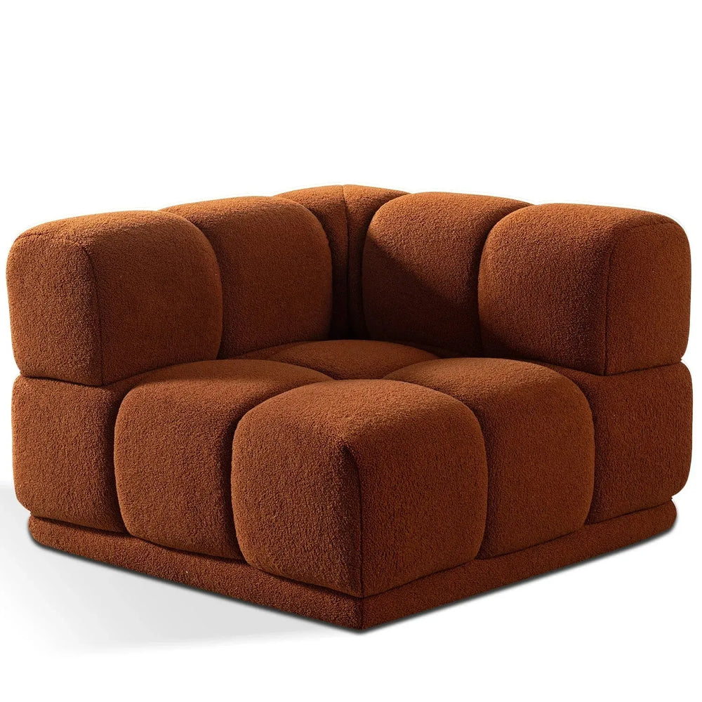 Contemporary teddy fabric modular corner 1 seater sofa cuboid in white background.