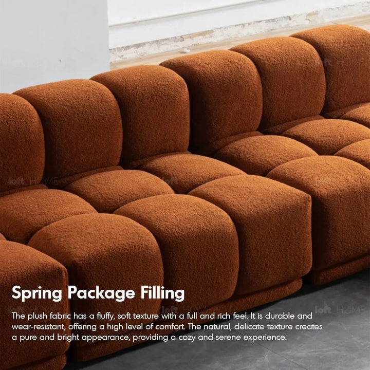 Contemporary teddy fabric modular corner 1 seater sofa cuboid in close up details.