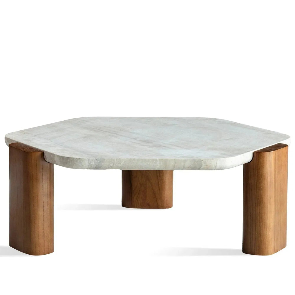 Scandinavian travertine stone coffee table trawo in white background.