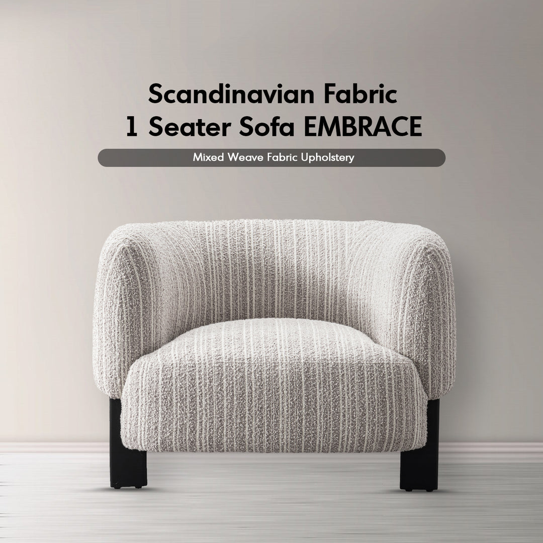 Japandi mixed weave fabric 1 seater sofa embrace material variants.
