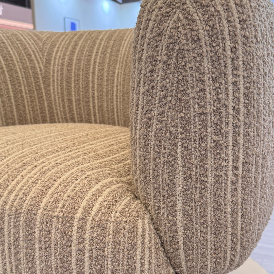 Japandi mixed weave fabric 1 seater sofa embrace with context.