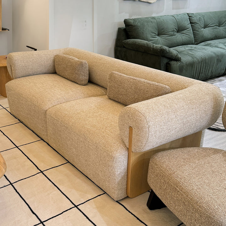 Scandinavian mixed weave fabric 2 seater sofa lange in panoramic view.