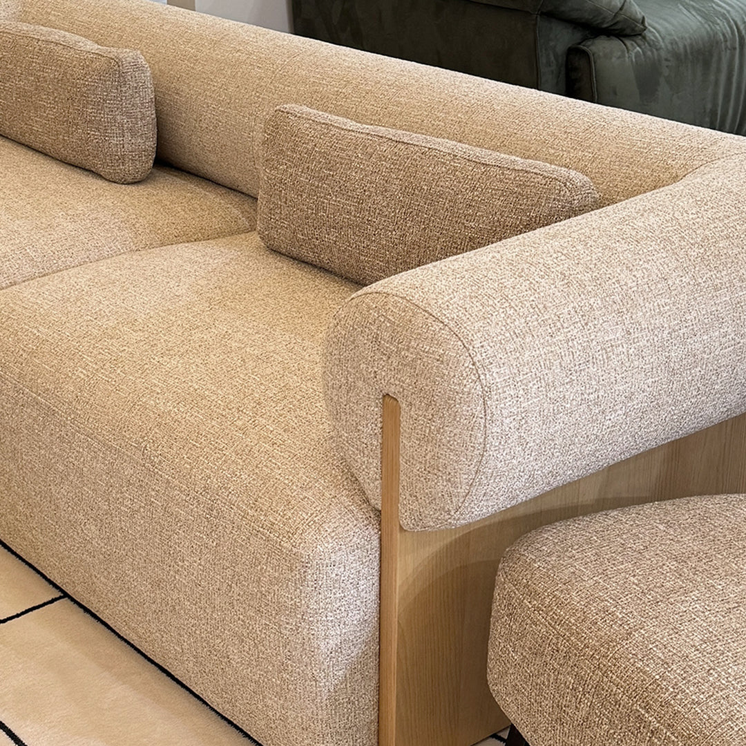 Scandinavian mixed weave fabric 2 seater sofa lange in details.
