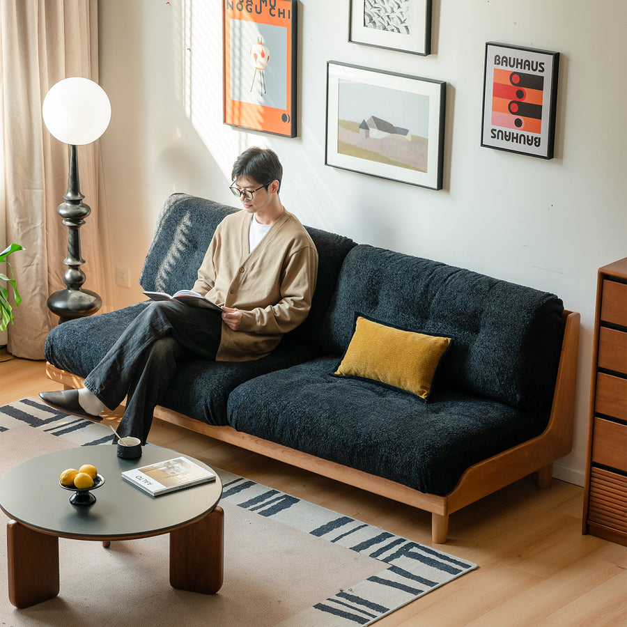 Scandinavian mixed weave fabric cherry wood 3 seater sofa undermoon primary product view.
