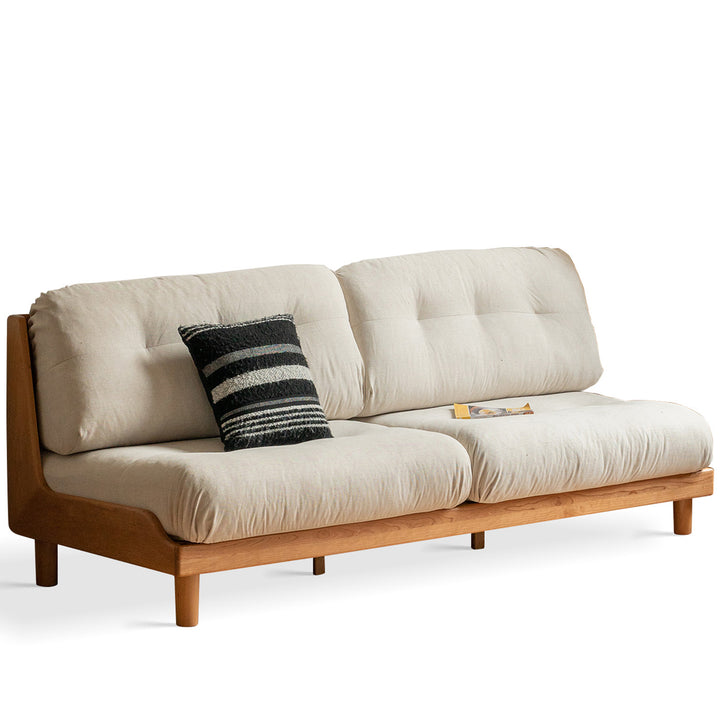 Scandinavian mixed weave fabric cherry wood 2 seater sofa undermoon in close up details.