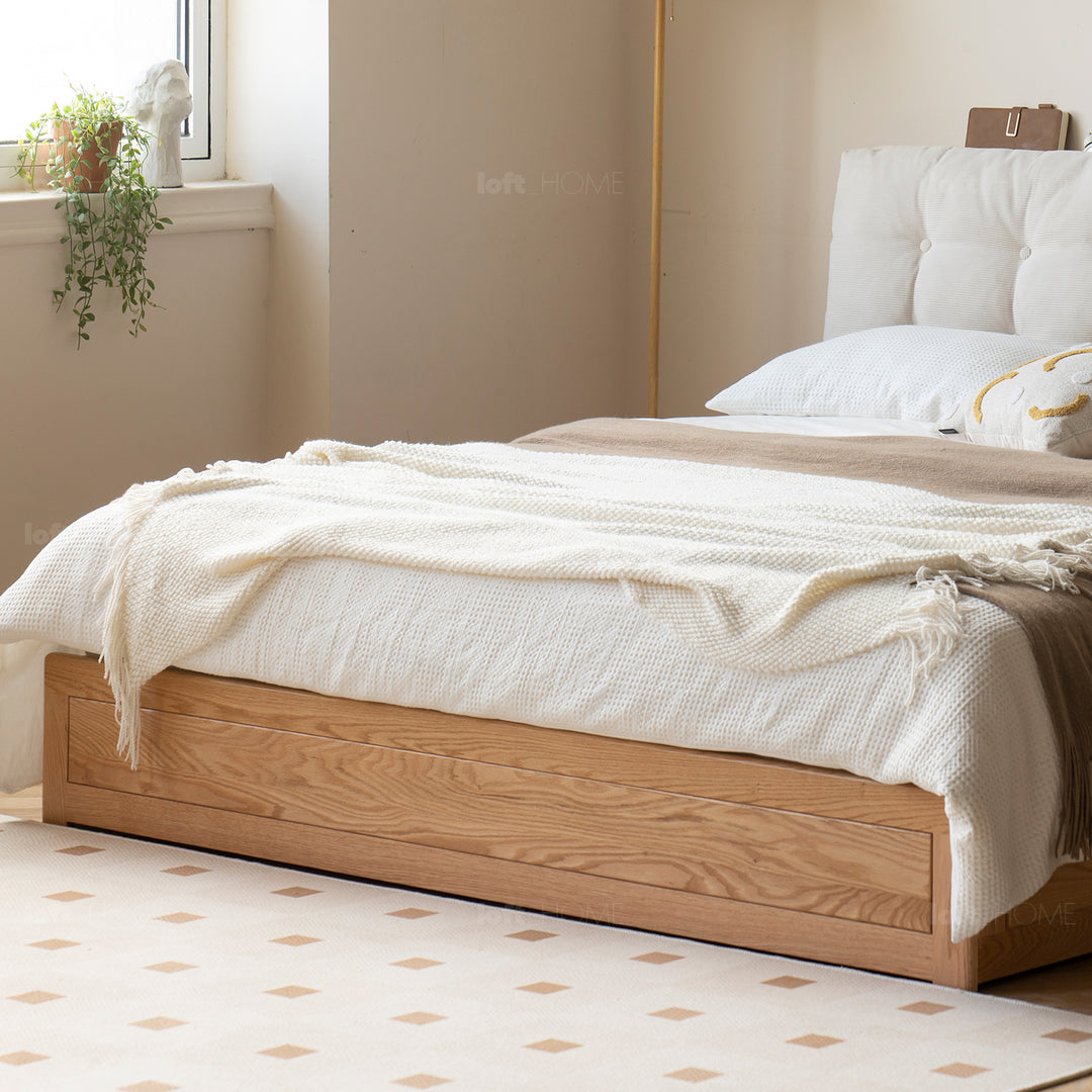 Scandinavian oak wood corduroy velvet fabric storage bed velure in still life.