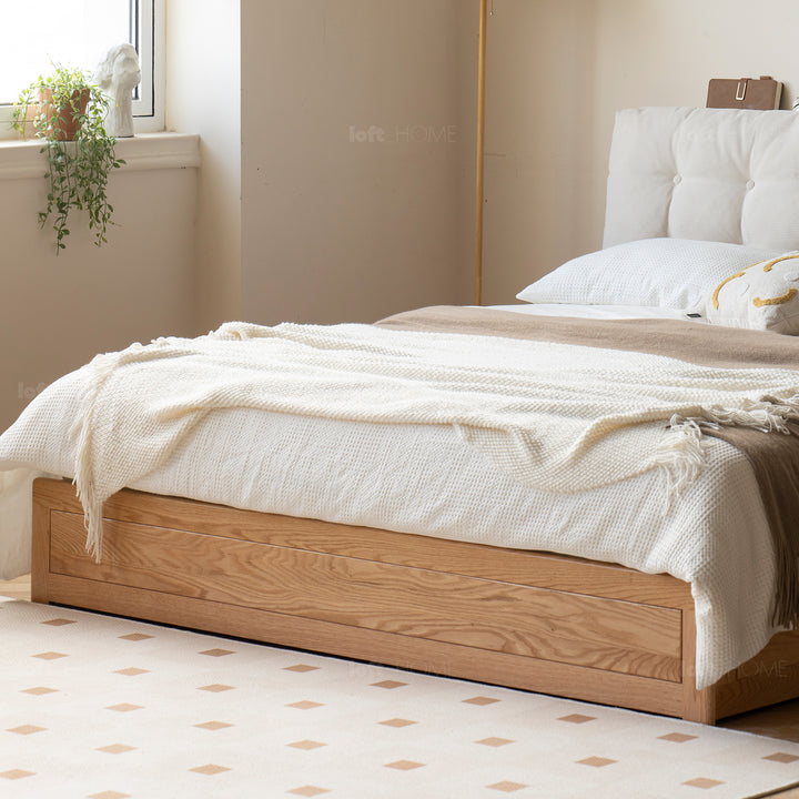 Scandinavian oak wood corduroy velvet fabric storage bed velure in still life.